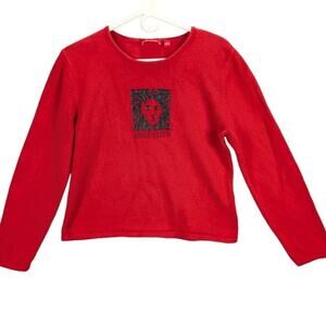 Anne Klein Cropped Sweater Womens Large Red Lion Logo Long Sleeve Preppy Y2K